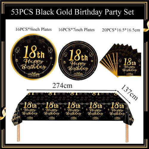 53Pcs Black Gold 18th Happy Birthday Party Tableware Decorations for Him Plastic Table Cloth,7,9inch Paper Plates,Napkins for Men Birthday Table Party Tableware Set for Men Adults Birthday Party
