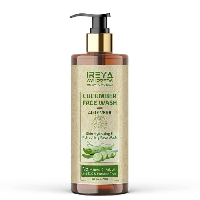 Ireya Ayurveda Cucumber Aloe Vera Face Wash 200ml (6.76oz) Face Wash for men and women Made With Cucumber extract & Aloe vera gel.Pure, Vegan, Natural, Cruelty Free