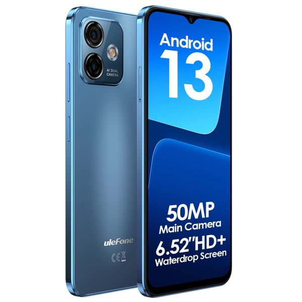 Ulefone Android 13 Mobile Phone Unlocked NOTE 16 PRO, Up to 16GB RAM+128GB ROM, 50MP+8MP Camera, DUAL SIM-Free Smartphone, 6.52'' HD+ Screen, 4400mAh Battery, Fingerprint+Face Unlock GPS Blue