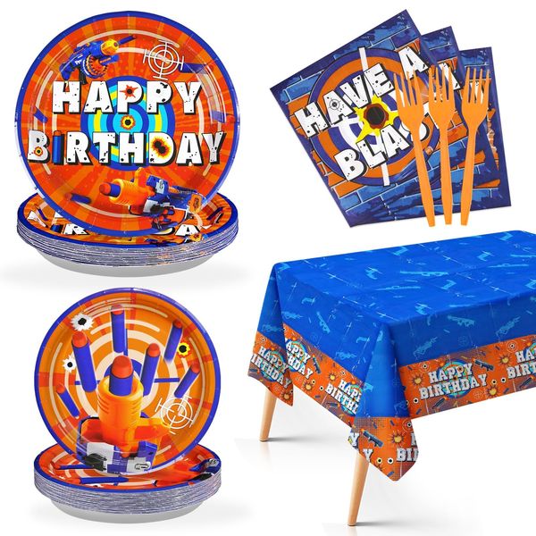 98Pcs Dart War Birthday Party Decorations Dart War Party Plates Napkins Forks Tablecloths Disposable 350GSM Dart War Paper Tableware Set for Kids Boys Birthday Party Dart War Party Supplies, Serve 24