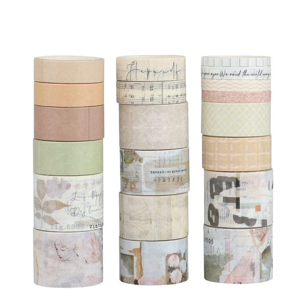 LGEGE 20 Rollen Vintage Washi Tape Set, 25/20/15/10/5 mm breit, Whispers of Time Theme Element, antikes japanisches Abdeckband-Dekor für Scrapbook, Scrapbooking,Geschenkverpackung,Bullet Journal (2 m)