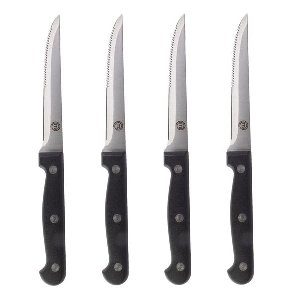 MasterChef Steak Knives Set of 4, Hand Sharpened, Serrated Stainless Steel Blades measure 11cm (4.5in) with Traditional Black Triple Riveted Comfort Grip Handles, Dishwasher Safe 4pc Steak Knife Set