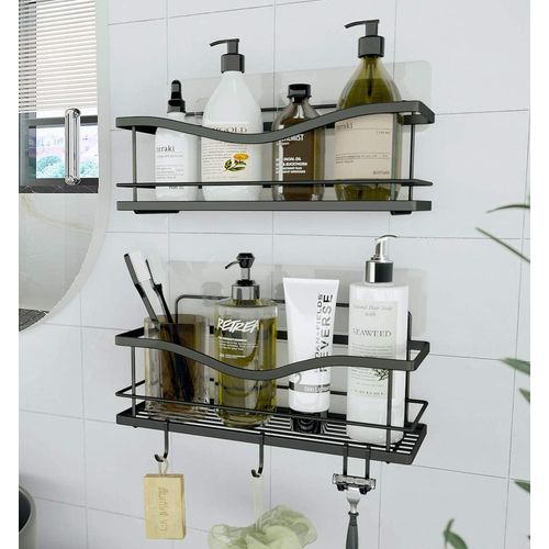 KINCMAX Shower Caddies (2 Pack), Rustproof Stainless Steel, Adhesive Wall Mount Baskets with 4 Hooks (Matte Black)