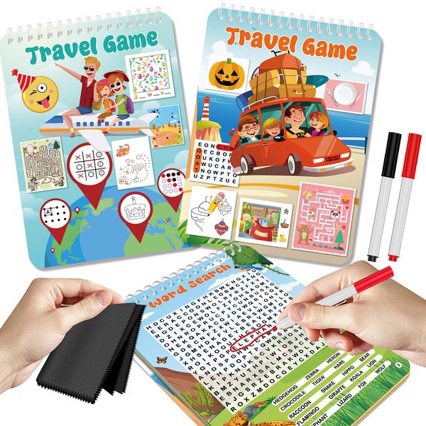 Elfew 2 Pack Reusable Travel Games for Kids Ages 4-8, 1-2 Players Road Trip Games and Airplane Activity Set, Kids Activity Books with 2 Reusable Dry Erase Pens, Family Road Trip Games Essentials