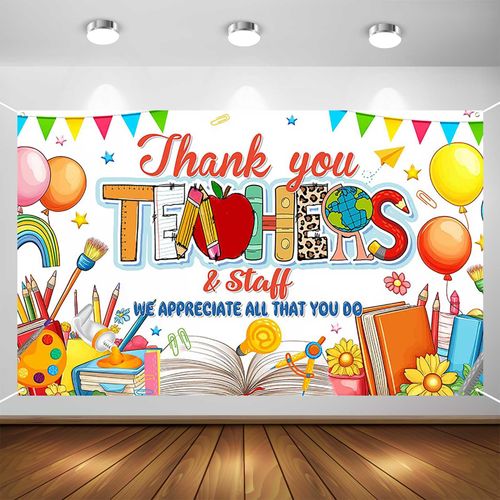 Aperturee Thank You Teachers Banner - 70.8 x 43.3 Inch Colorful Teacher Appreciation Week Decoration with School Supplies and Balloons Backdrop Decorations Staffs School Classroom