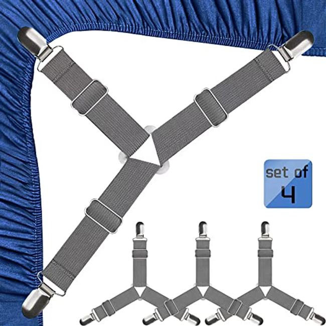 JBYAMUS Bed Sheet Straps, Easy to Install Sheet Straps, Fitted Sheet Clips, Three-Way Sheet Fasteners, Say Goodbye to The Messy Sheets (Gray-4 Pcs)