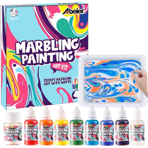 ABEIER Water Marbling Paint Kit for Kids, 8 Colors (20ml Each), Non-Toxic, Painting on Water, Creative Toys & Gifts for Girls & Boys, Arts and Crafts Kits for Kids Ages 6+, 8-12