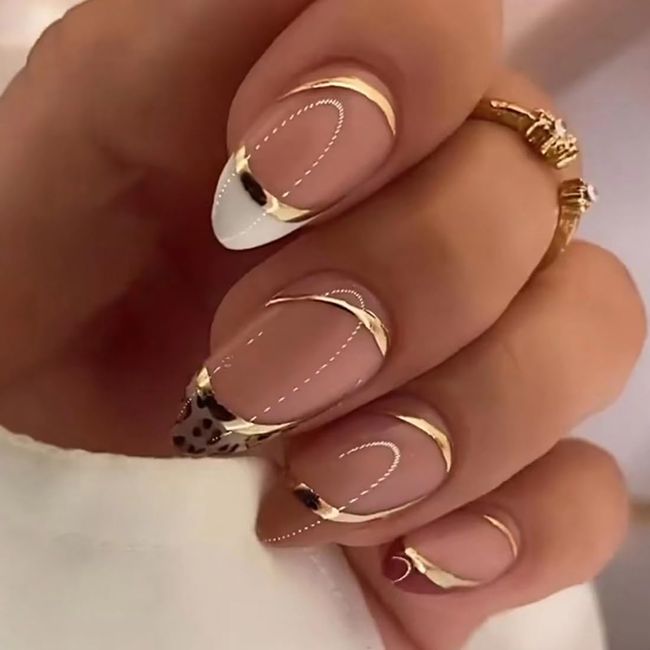 SINLOV Almond Oval False Nails 24pcs Pink Gold Long Press on Nails Leopard Print Gradient French Fake Nails Full Cover False Nails for Women and Girls