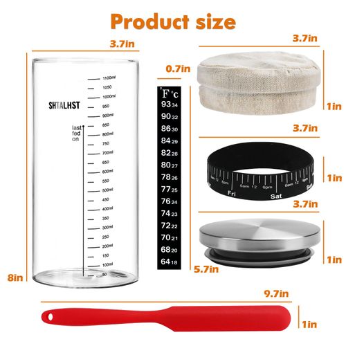 Sourdough Starter Jar Kit-1100ml/39Oz, Sourdough Starter Kit, Sour Dough Starter Jar With Stainless Steel Lid, Thermometer, Silicone Scraper, Cloth Cover And Date Marked Feeding Band (1 Pack)