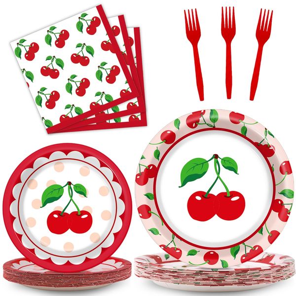 OBUSATT 100 Pcs Cherry Fruit Party Supplies Tableware Set Summer Tropical Picnics Dinnerware Set Disposable Paper Plates Napkins for Baby Shower Birthday Party Decoration for 25 Guests