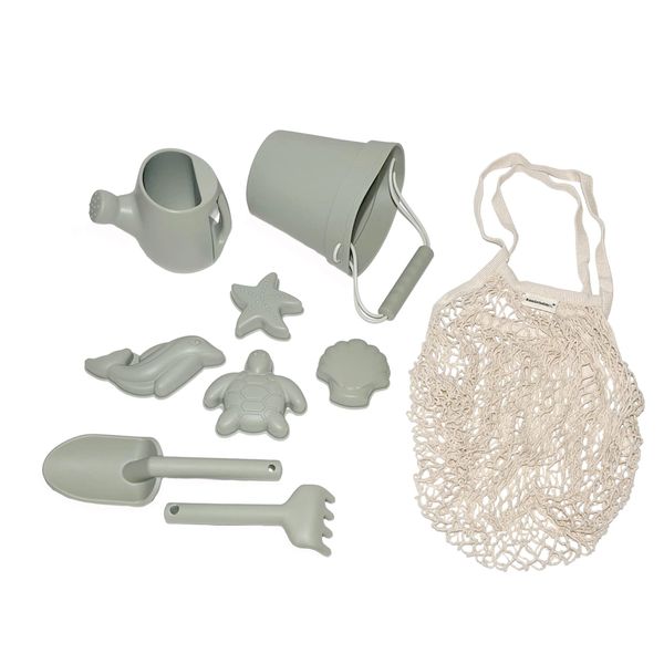 BraveJusticeKidsCo. | Silicone Summer Beach Set XL | Toddler Sandbox Toys | + Beach Bag + Watering Can & Rake (Dusty Mint)