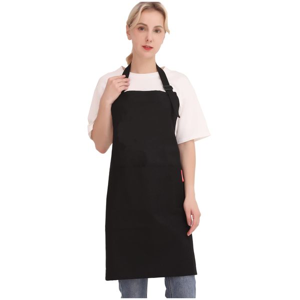 APRONPANDA Professional Adjustable Black 100% Cotton Apron with 2 Pockets Cooking Kitchen Chef Women Men Aprons for Home Kitchen, Restaurant, Coffee House, Baking Gardening BBQ