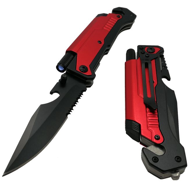 Falcon Folding Pocket Knife Rescue With Fire Starter and LED Flash Light (Red)