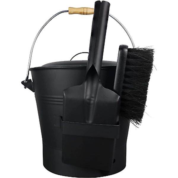 Black Ash Bucket with Lid, Complete Fireplace Tools Set, Includes Pail, Shovel &