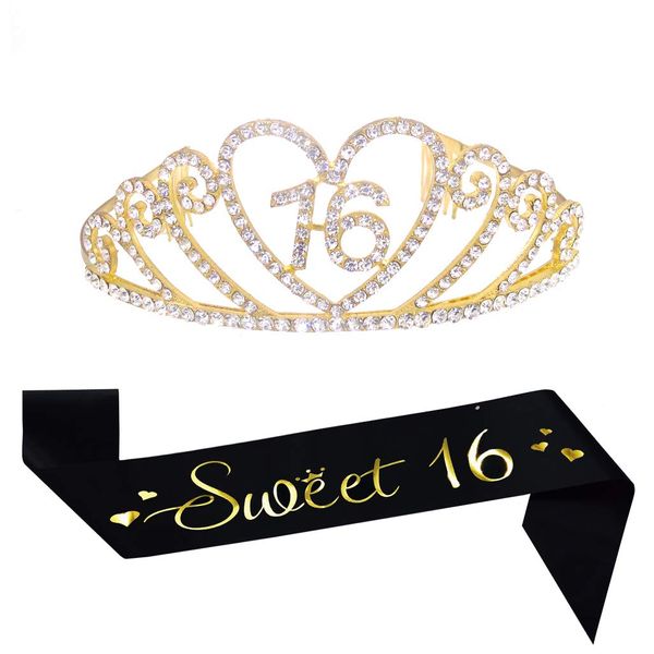 16th Birthday Gold Tiara and Black Sash Glitter Satin Sash and Crystal Rhinestone Tiara Crown for Happy 16th Birthday Party Supplies Favors Decorations 16th Birthday Party Accessories