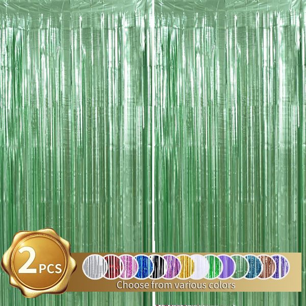 BEISHIDA 2 Pcs Light Green Door Streamers Tinsel Curtain Party Backdrop Fringe Foil Wall Background for Birthday Halloween Christmas Wedding Boys Babyshower Party Decoration(3.28 ft x 6.56 ft)