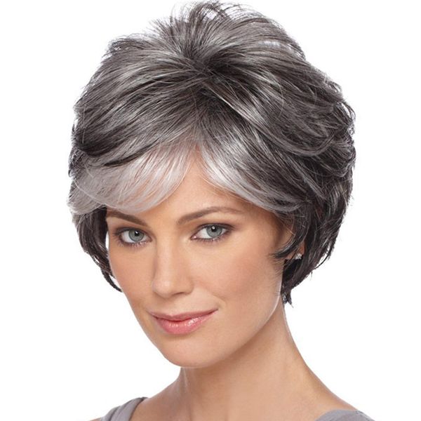 Short Grey Pixie Cut Wigs for Women layered Synthetic Hair Mixed Gray Wig with White Bangs Natural Wavy Wigs for Old Lady