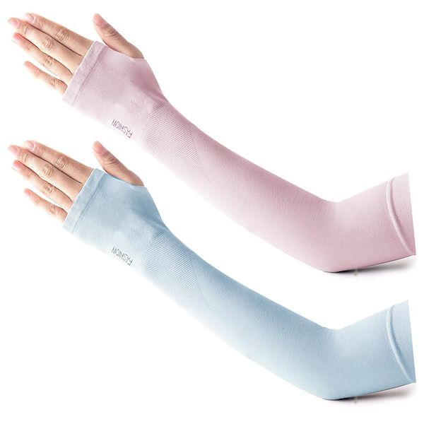 LumiSyne 2 Pairs UV Sun Protection Arm Sleeves With Thumb Hole Women Men UPF 50+ Stretchy Compression Sleeves Long Armwarmers Cooling Arm Sleeves For Summer Running Cycling Basketball Tattoo Cover Up