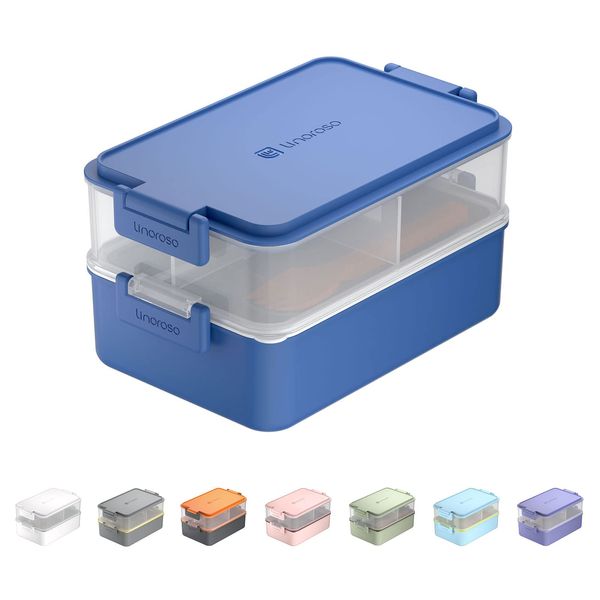 Linoroso Bento Lunch Box for Adults with 3 Compartments Lunchbox with Sauce Container and Utensils, Bento Boxes for Microwave and Dishwasher Plastic BPA-Free As Sandwich Snack Salad Box - Classic Blue