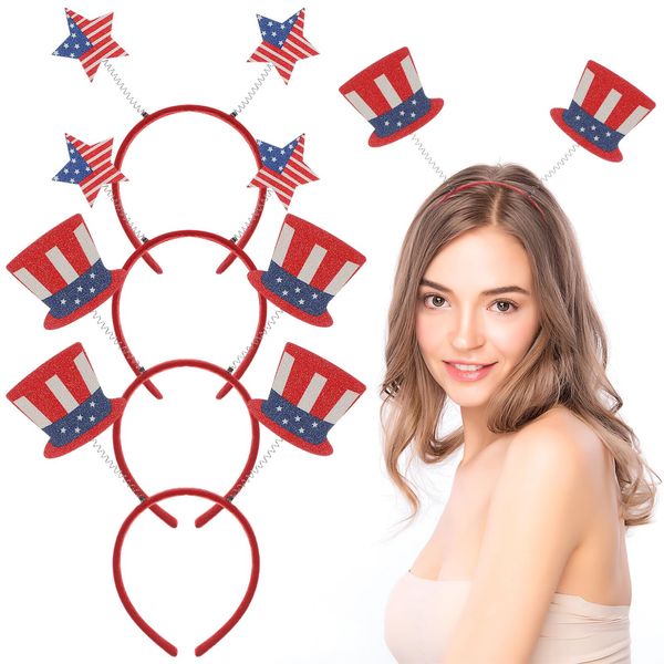 VALICLUD Star Headband 4pcs 4th Of July Party Headband American Flag Star Top Hat Head Bopper Patriotic Hairbands Headdress For Independence Day Celebration Headwrap