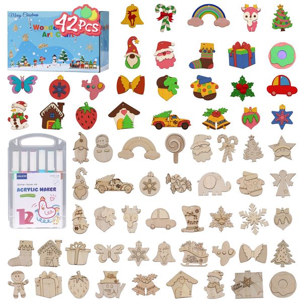 JIALEIXI Wooden DIY Christmas Ornaments, 42PCS Christmas Tree Decorations, Wooden Art Magnets Crafts Painting Kit Hanging Decorations for Home Party Holiday Indoor