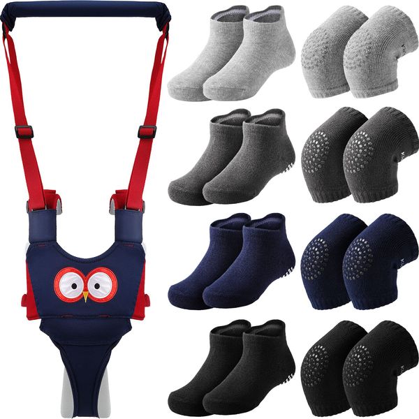 Panitay Handheld Baby Walking Harness Adjustable Toddler Walking Assistant Baby Walker Assistant Belt with 4 Pairs Baby Crawling Anti-Slip Knee 4 Pairs Non Slip Toddler Socks Grips, 7-24 Months Old