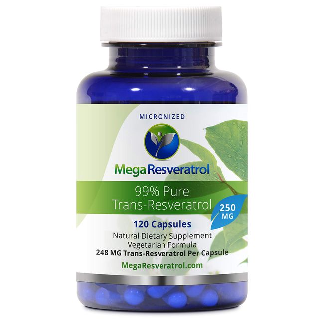 Mega Resveratrol, Pharmaceutical Grade, 99% Pure, Micronized Trans-Resveratrol, 120 Capsules, 250 mg per Capsule. Purity Certified. Absolutely no Toxic "Inactive Ingredients" Added.