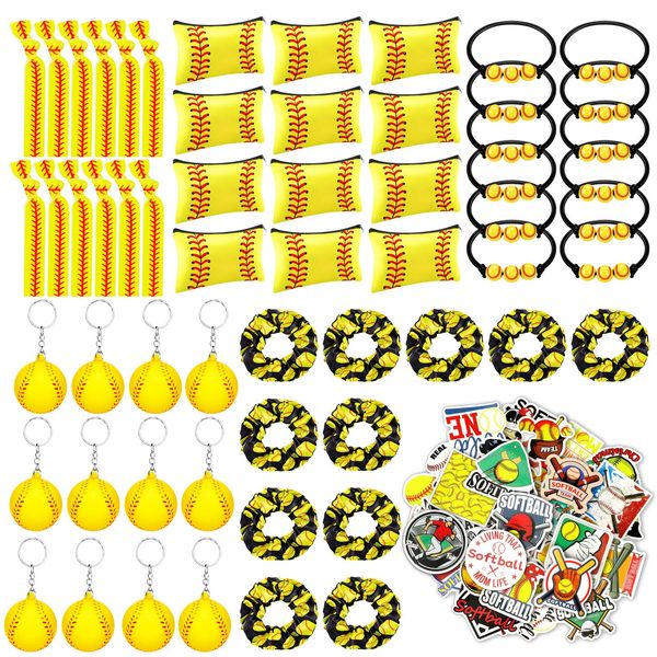 JMZYJZH 110 Pcs Softball Gift Bags for Team Girls, Softball Gifts for Team, Softball Party Favors Set Include Softball Keychain Bags Scrunchies Hair Ties Stickers Kit Bulk, for Sports Lovers Party