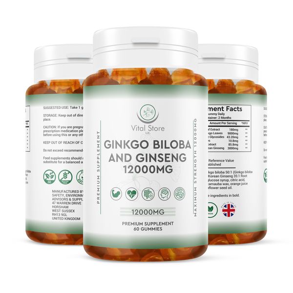 Premium Ginkgo Biloba & Ginseng 12000mg Gummies - 2 Month Supply - Orange Flavour - 9000MG Ginkgo + 3000MG Ginseng