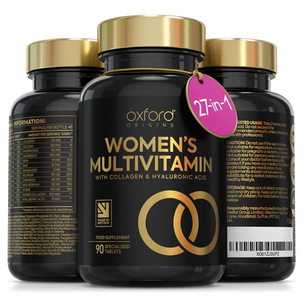 Multivitamin Tablets for Women with Collagen & Hyaluronic Acid - 27 Essential Vitamins, Minerals, & Botanicals | Womens Multivitamins, 90 Tablets, Immune System, Tiredness and Fatigue, Womens Vitamins