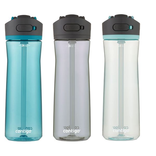 Contigo Ashland 2.0 Leak-Proof Water Bottle with Lid Lock and Angled Straw, Dishwasher Safe Water Bottle with Interchangeable Lid, 24oz 3-Pack, Juniper/Sake/Bubble Tea