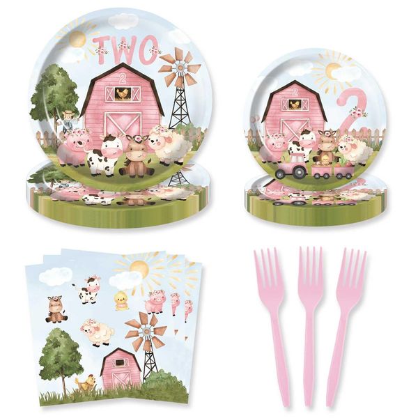 HEETON 80Pcs Pink Barn Farm Animals Two Birthday Party Plates Cow Second Farmhouse 2nd Party Supplies Decorations for Girl Baby Bday