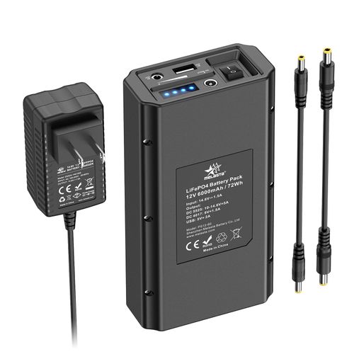 melasta 12V LiFePO4 Battery Power Bank, 6000mAh Rechargeable Lithium ion Battery Pack with 12V 9V DC and 5V USB Output, for LED Light Strip CCTV Camera Telescope Mobile