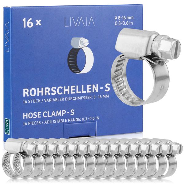 Hose Clamp Set: 16x Stainless Steel Hose Clips – Adjustable – 8mm, 0.3in to 16mm, 0.6in – Stainless Steel Pipe Clamp – Pipe Clips – LIVAIA Pipe Clamps, Jubilee Clips