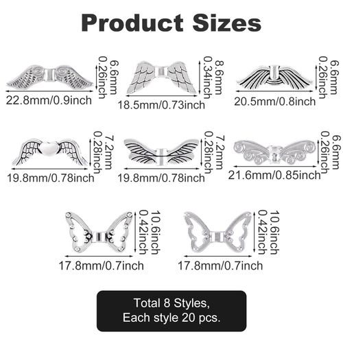 HINZIC 160Pcs Angel Wings Charms, Silver Tone Fairy Wing Beads, Tibetan Style Metal Vintage for DIY Jewelry Making Supplies Arts Crafts Necklace Bracelet Earrings Valentine Decoration
