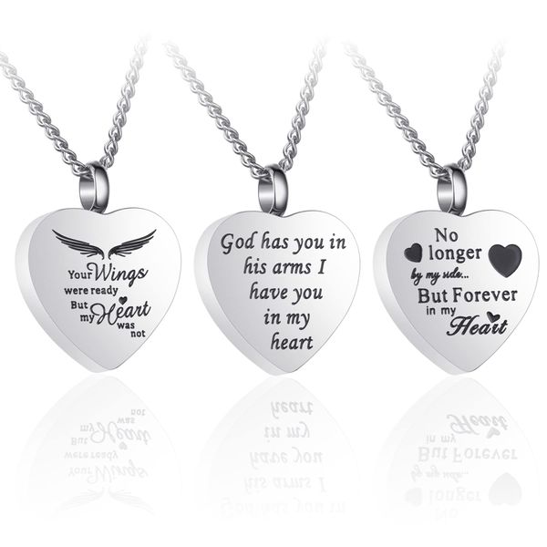 3 Pack Urn Necklace for Ashes Memorial Cremation Jewelry Ashes, Heart Silver Locket Stainless Steel Urns Pendant Keepsake with Different Words & Funnel Kit Bag