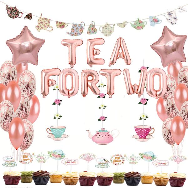 Tea for Two Birthday Party Decoration, Tea for Two Balloons Floral Tea Hanging Garland, Teapots Teacups Tea Party Banner, Cake Topper, Star Foil, Latex Balloon for Girls Second Birthday Party Supplies