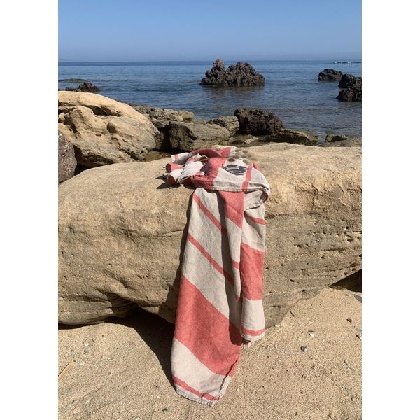 Bath towel beach cloth "Provence" stripe natural, 100x140 cm, 100% linen stonewashed-