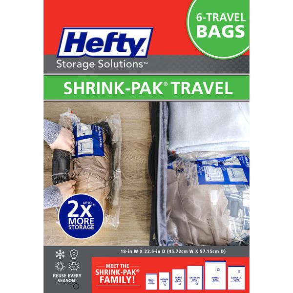 Hefty Shrink-Pak Large Travel Bags - Airtight Storage Bags for Maximum Space Saving, Travel Essentials, Ideal for Travel and Packing, Durable, Reliable Compression Bags with Sealed Protection