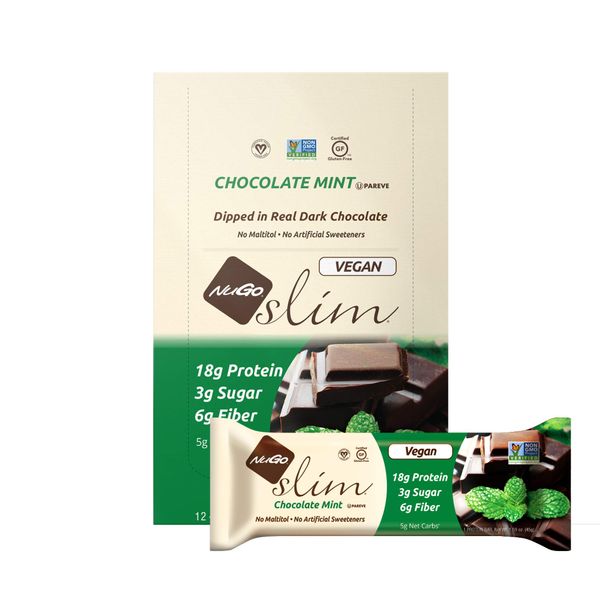 NuGo Slim Dark Chocolate Mint, 18g Vegan Protein, 3g Sugar, 6g Fiber, 180 Calories, Low Net Carbs, Gluten Free, 12 Count