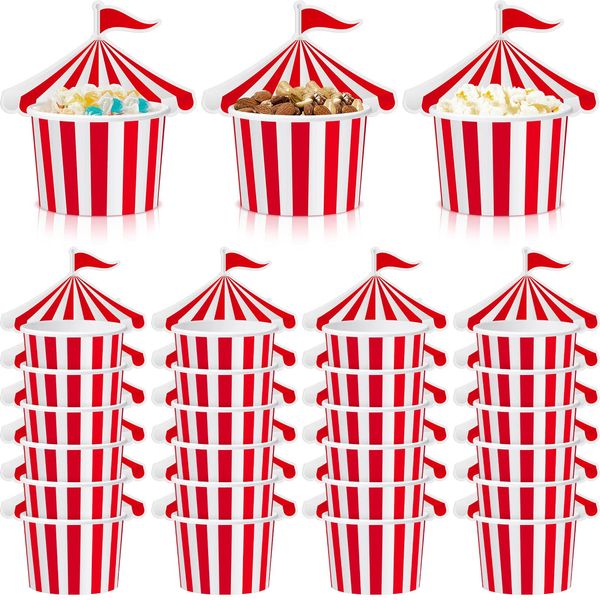 Carnival Party Circus Tent Ice Cream Cups 8 oz Paper Carnival Cup Red White Striped Snack Cups Yogurt Dessert Bowls Disposable Sundae Cups for Hot Cold Food Soup Treat Carnival Party Favors (24 Pcs)