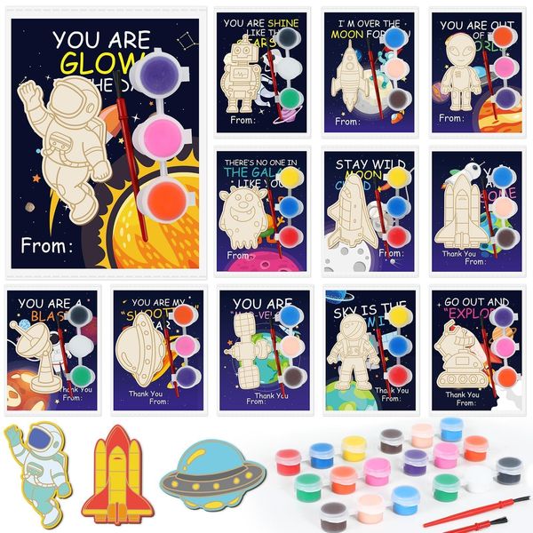 36Pcs Space Party Favors Space Cards with Art Supplies Outer Space Wood Painting Craft Kits for Astronaut Planet Thank You for Coming Gifts for Kids Boys Girls Solar System Birthday Gifts Bulk Decor