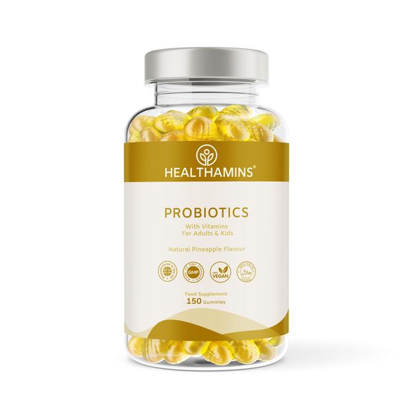 Healthamins Probiotics + Vitamins | 150 Natural Pineapple Flavour Gummies | 2 Months Supply | Bio-Culture Blend + Vitamin C, B3, B5 and B6 | 2-a-Day (Adults), 1-a-Day (Kids) | Vegan & Halal