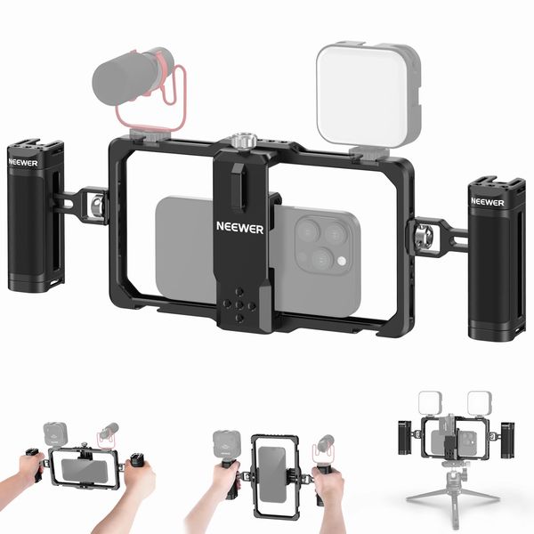 NEEWER verbessertes Telefon Rig Vlogging Set, Videostabilisator mit doppeltem Griff,drahtloser Mic Clip Slot für Tiktok/YouTube, kompatibel mit SmallRig iPhone 14 Pro Max 13 Pro Max Galaxy S23, PA009