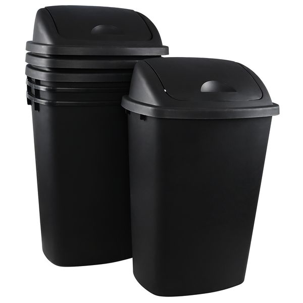 13 Gallon Black Trash Can, Plastic Swing Top Kitchen Garbage Waste Basket 4-Pack