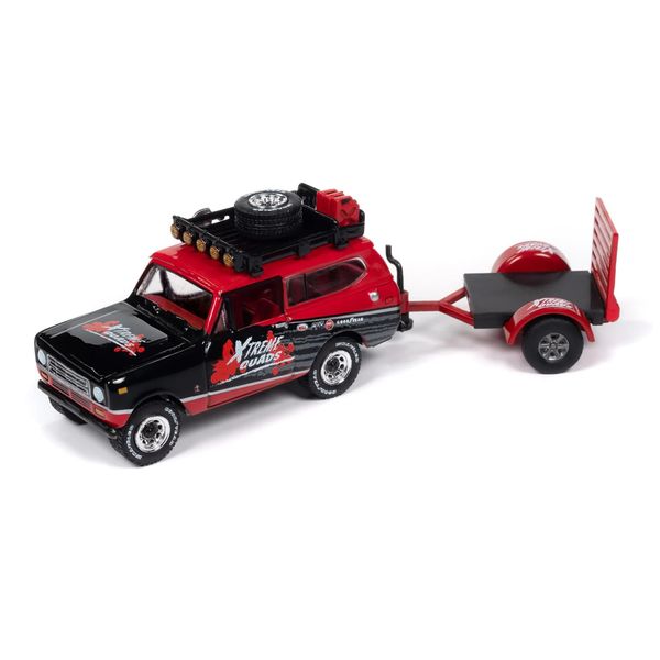 1979 Scout II Red and Black with Open Utility Trailer Tow & Go Series 1/64 Diecast Model Car by Johnny Lightning JLBT020-JLSP378