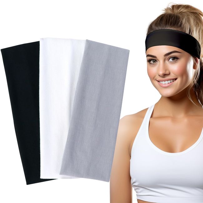 Qufiiry Headband, 3 Pack Unisex Headbands for Women’s Hair, 7.5cm Stretchy Fabric Headband, Breathable Hair Band for Sweat-Wicking, Stretchy Head Band for Doing Workout, Yoga, Makeup, Running