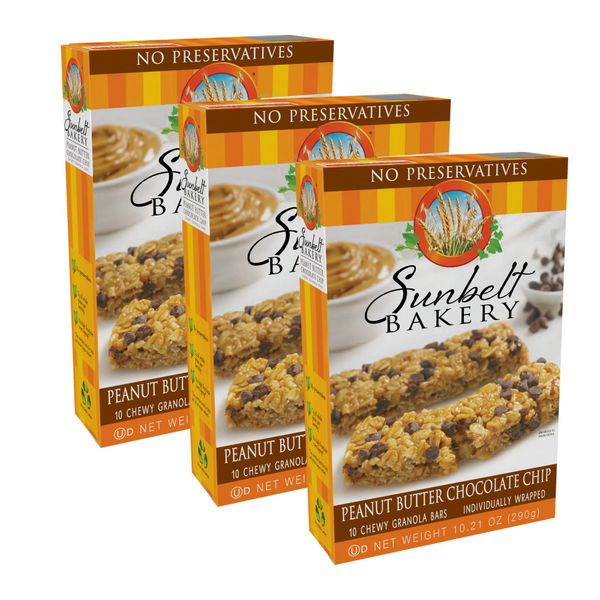 Sunbelt Bakery Peanut Butter Chocolate Chip Chewy Granola Bars, 10 Bars In Each Box, No Preservatives (3 Boxes)