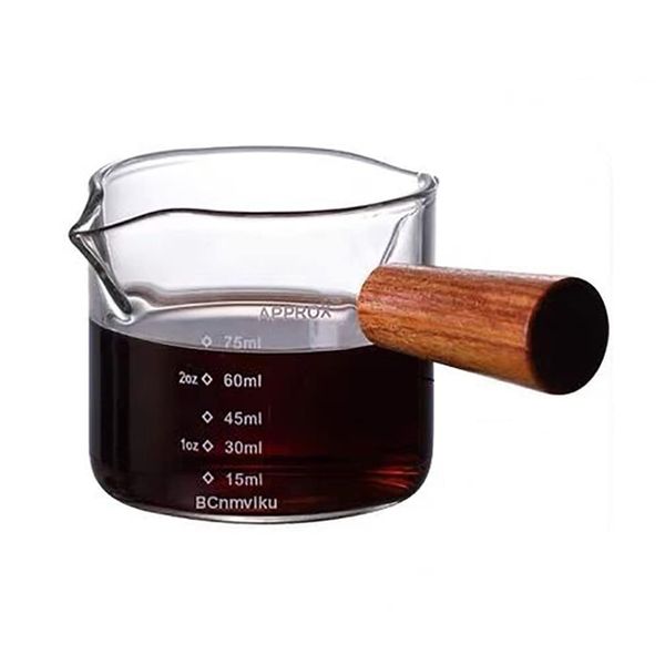 1 Pack Double Spouts Measuring Triple Pitcher Milk Cup with Wood Handle 75ML Espresso Shot Glasses Parts Clear Glass by BCnmviku