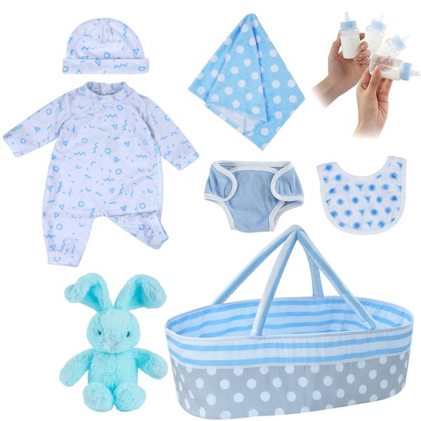 JIZHI 8 Pcs Reborn Baby Doll Accessories with Bassinet for 17-22 Inch Baby Dolls, Realistic Baby Doll Clothes Set fit Reborn Doll Newborn Baby Doll Boy, Blue